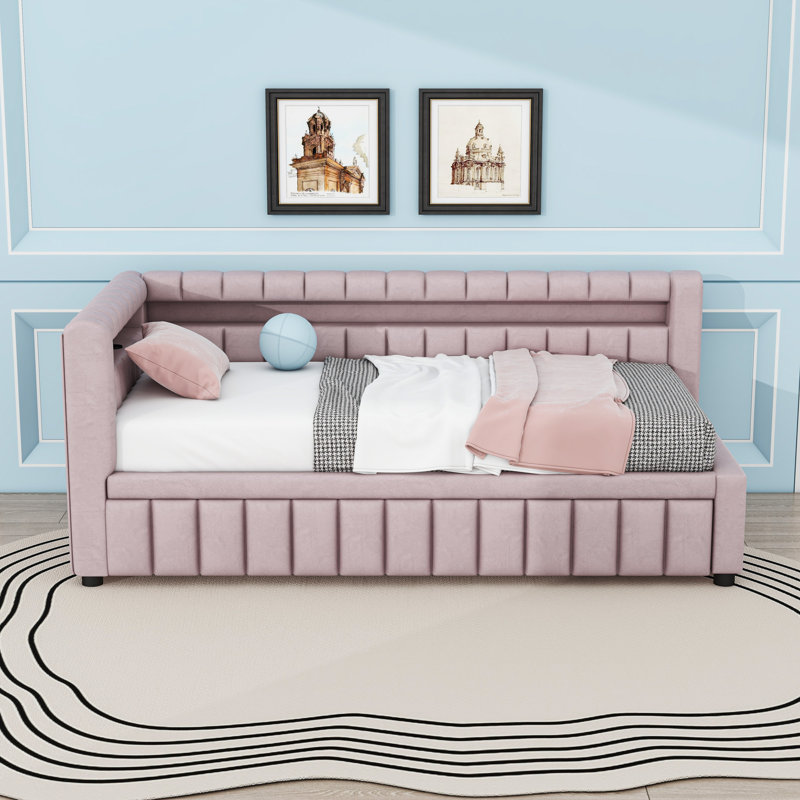 Lit de jour simple TG de très grand lit avec éclairage à DEL d'ambiance, ports USB intégrés et lit gigogne escamotable, Rose