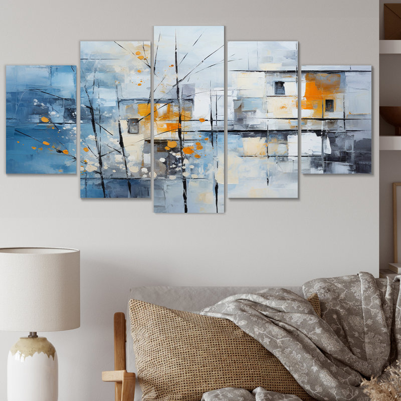 «Abstract Snow Elegance Collage», reproduction d'art abstrait mural - 5 panneaux