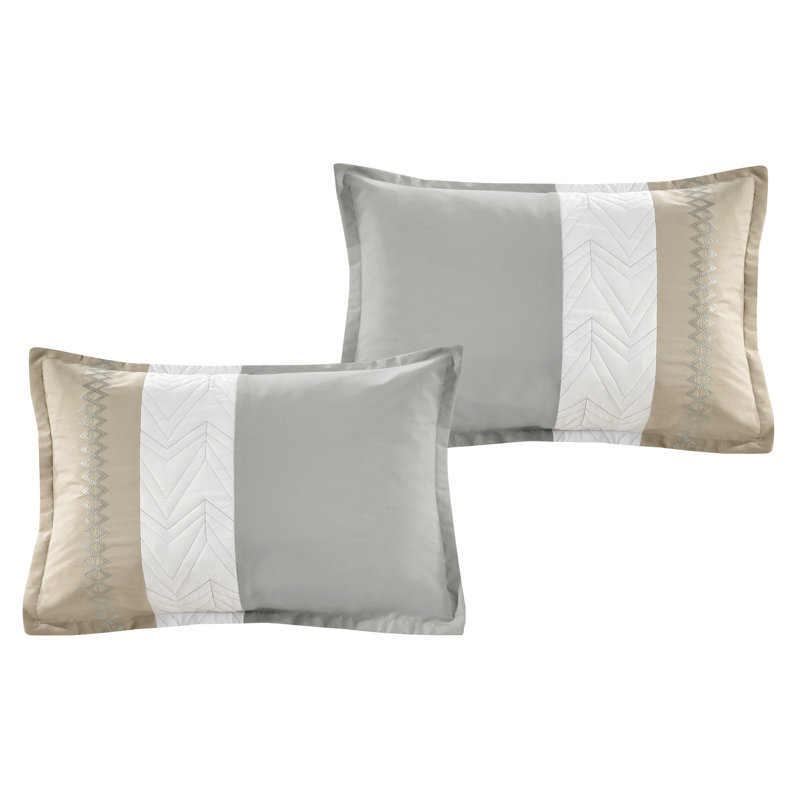 7 Pieces Embroidered Comforter Set Modern Color Block Patchwork Bed in A Bag, Queen Comforter + 6 Additional Pieces