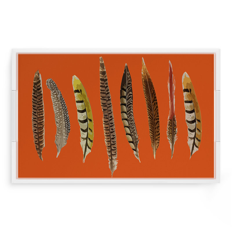 Pheasant Feathers Acrylic Rectangle Decorative Tray, Orange, 22.5"W x 14.5"D x 2"H