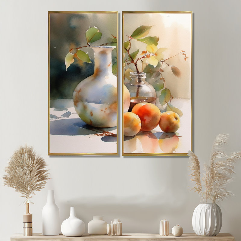 Simple Nature morte fruits et pichets I - Art mural de cuisine à charme champêtre 2 panneaux, 40'' H x 40'' W, Gold