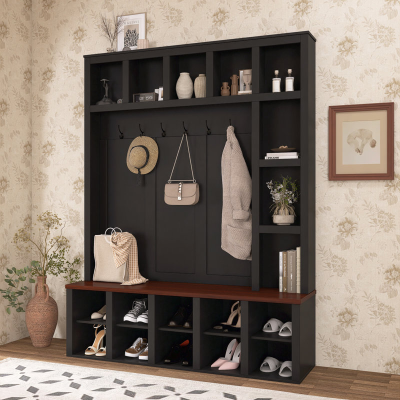 Farmhouse Wooden Hall Tree, Walnut 6-hook Storage Bench, 4-in-1 , Black