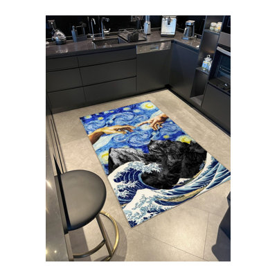 Tapis bleu délavé à motif main et montagne