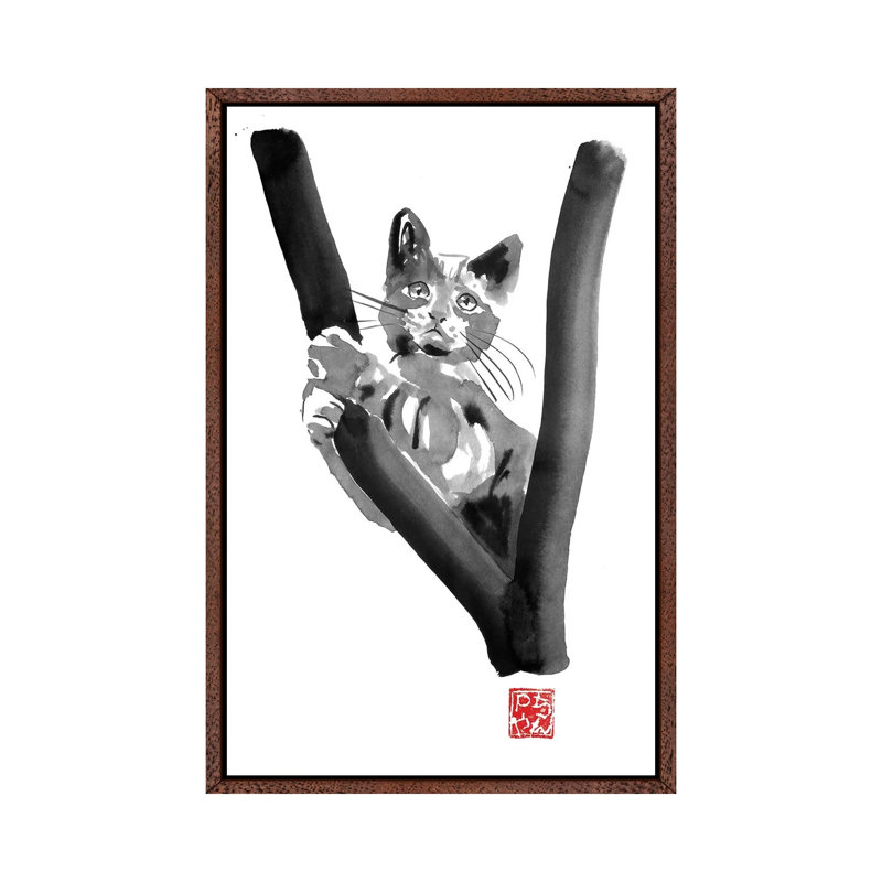Cat In Tree by Péchane - Painting on Canvas, Classic Brown Wood Framed, 101.6 cm H x 66.04 cm W