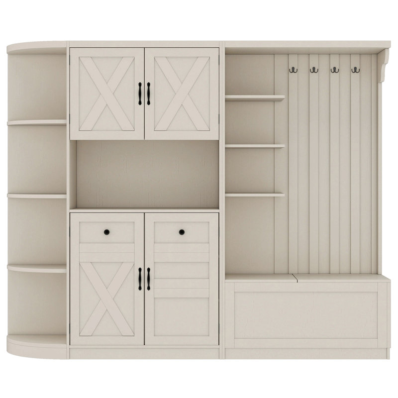 Multifunctional Left-Right Combination Hall Cabinet (Can Be Used Separately) With Storage And 4 Hooks, Storage Cabinet/ Hall Tree 2 In 1 For Living Room, Kitchen And Hallway