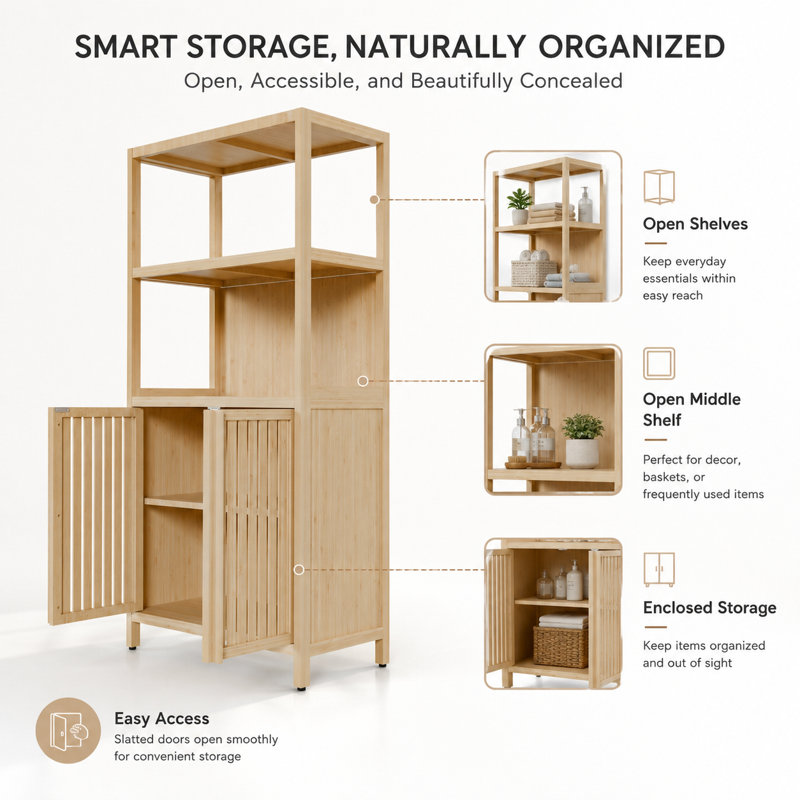 Armoire de rangement en bambou massif avec portes et tablettes ouvertes, Naturel