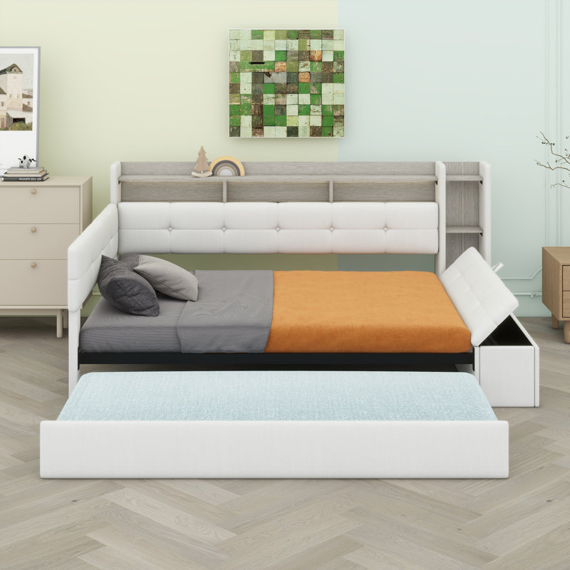Daybed with Storage Footstool & Shelves, Upholstered Frame with Trundle, USB & LED Light, Beige