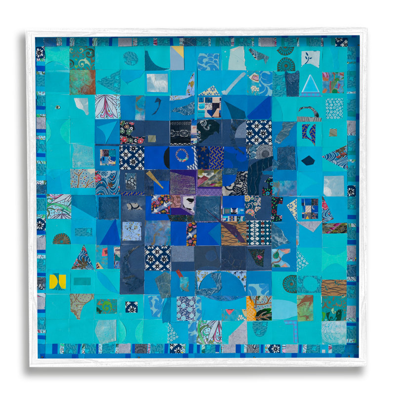 Collage géométrique bleu encadré sur bois, Giclée encadrée blanc bord de mer, H 17 po x l 17 po x P 1,5 po
