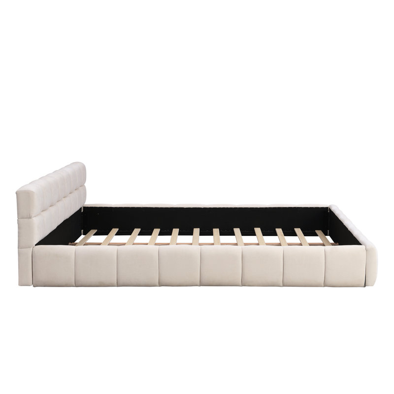 Lit tapissier élégant en chenille beige avec motif à damier, très grand, Très grand lit