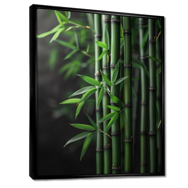Vert, noir, sérénité, tiges de bambou - art mural en bambou, Cadre flottant noir, 32" H x 16" W