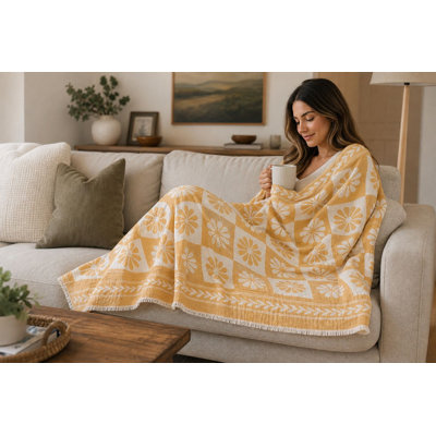 Daisy Muslin Throw Blanket - Mustard