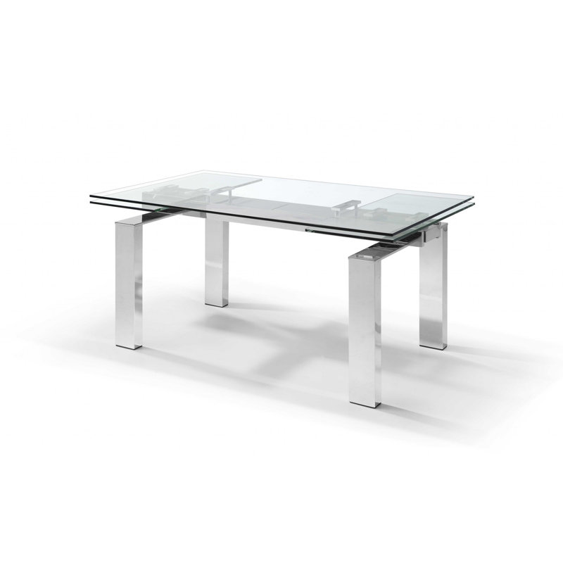 Table de salle à manger à rallonge 63 "en verre transparent et argent et acier inoxydable