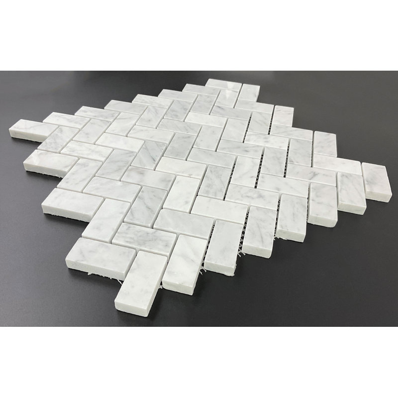 1" x 2" Cararra Herringbone/Chevron Mosaic Wall & Floor Tile, White Carrara Polished