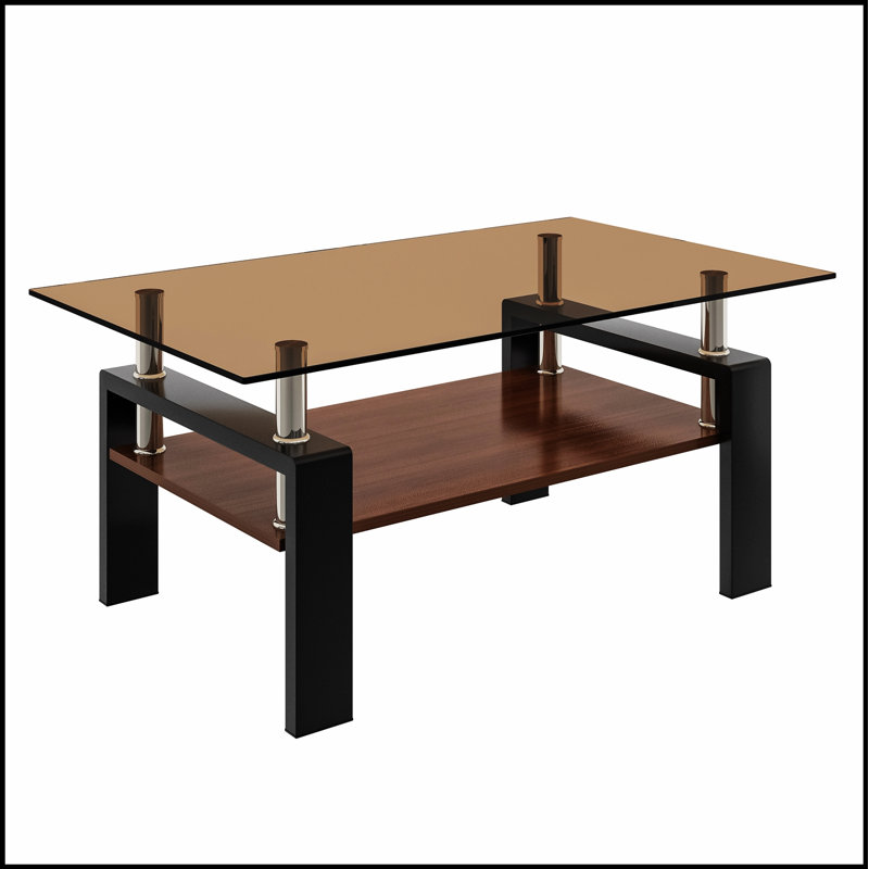 Table basse rectangulaire avec plateau en verre trempé et rangement en panneau de fibres à densité moyenne, mobilier de salon moderne et durable