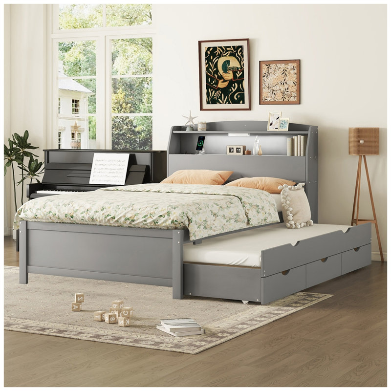 Lit plateforme moderne en bois avec lit gigogne et tête de lit à DEL avec tiroirs, gris, Simple