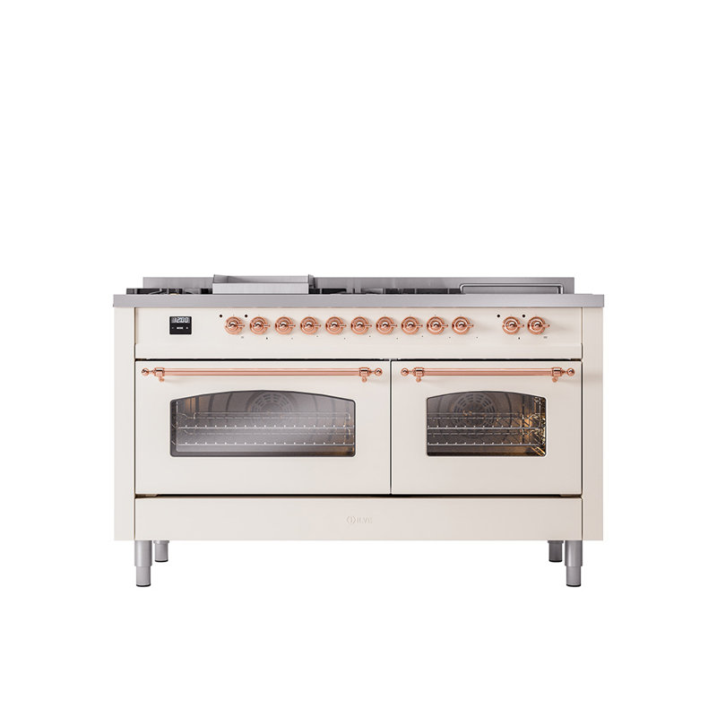 ILVE Nostalgie II 60 Dual Fuel Range, 5 Burners, Griddle, Frenchtop , Liquid Propane, Antique White/Bronze
