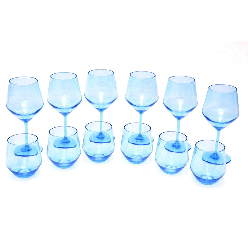 Darnez Angle Collection 12 Pieces Acrylic Wine Glass Set - Includes 2 Sizes, Blue