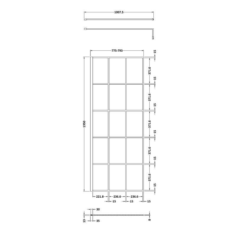 nuie 800mm Matt Black Framed Wetroom Screen With Support Bar