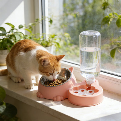 Pet Feeders and Water Dispenser Removable Stainless Steel Bowl Automatic Waterer, 11.02x7.67x3.54 in, Pink