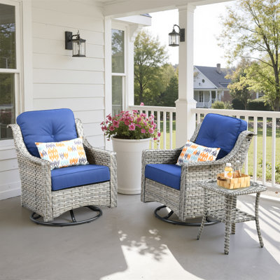 Daliya 3-Piece Outdoor Wicker Patio Conversation Set With Swivel Rocking Chairs, Cushions & Side Table