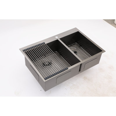 Double Bowl Drop In Sink 33X22, Gunmetal Black, Quality 18 Gauge Stainless Black Kitchen Bowl, Stainless, Long Service Life