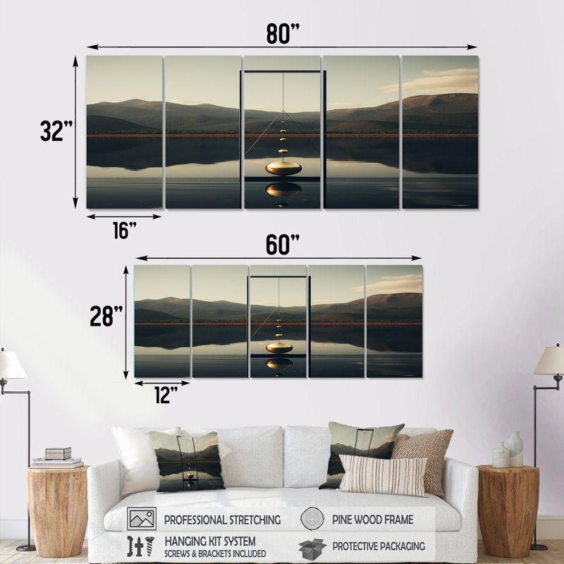 Golden Sphere of Zen Serenity - Abstract Landscape Wall Art, toile 5 pièces, H 28 po x l 60 po