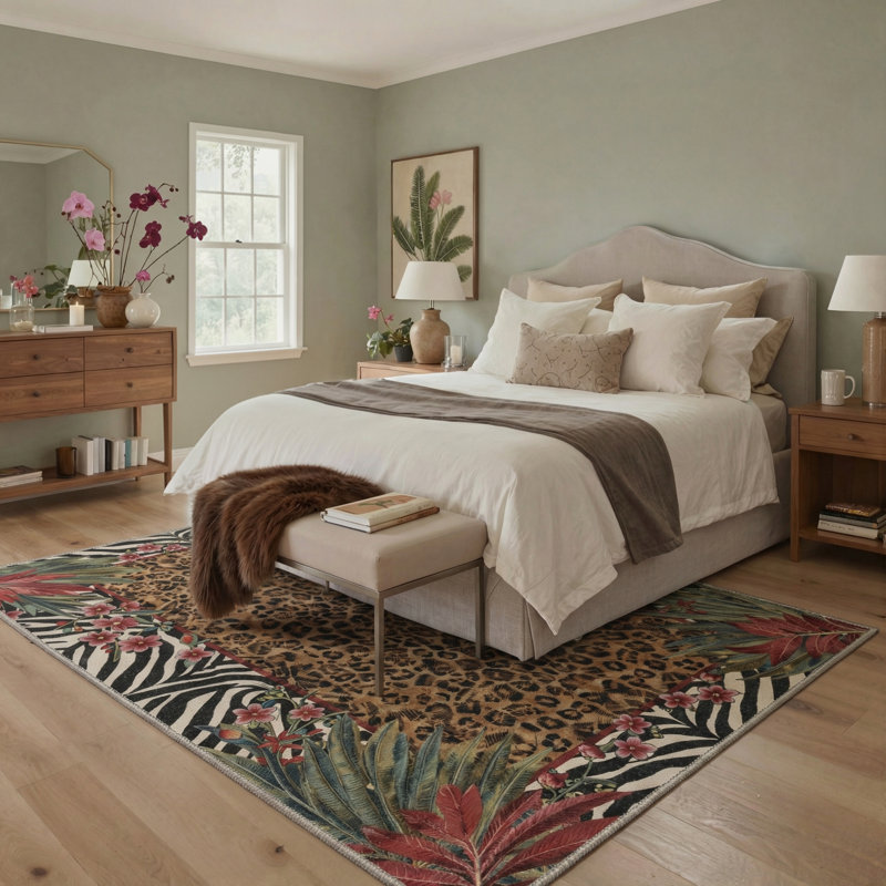 Alissa Aura Animal Print Floral Machine Washable Brown / Green / Red Indoor Area Rug with Non-Slip Backing