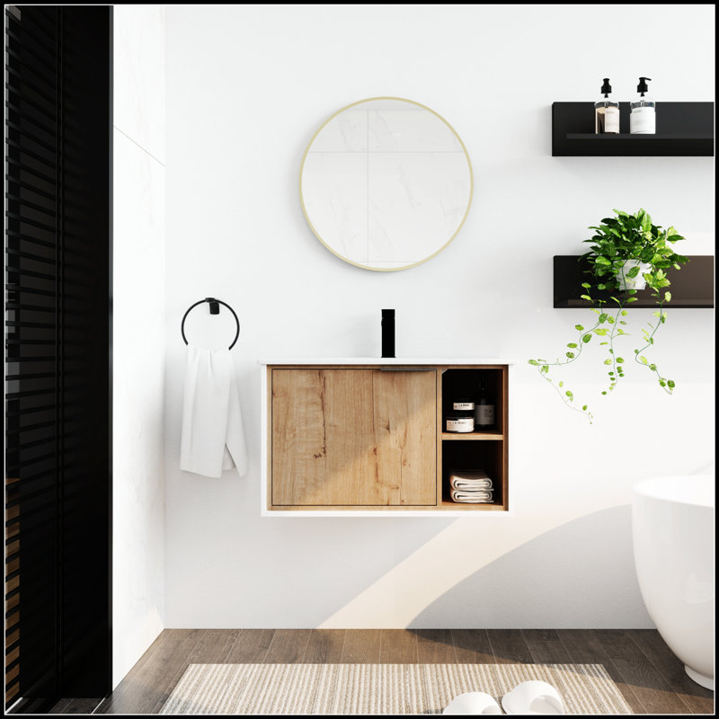 Meuble-lavabo mural flottant de 30 pouces avec lavabo en céramique et armoire à fermeture en douceur, parfait pour les salles de bain modernes et peu encombrant