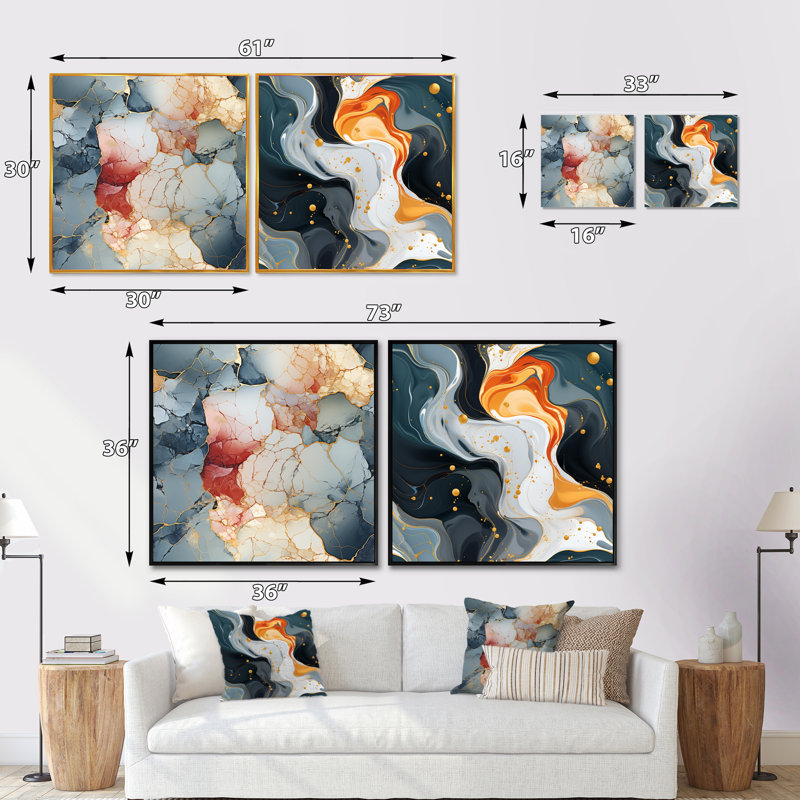 Lamorteau - Ensemble de 2 collages abstraits carrés, Cadre flottant noir, H 36 po x l 73 po