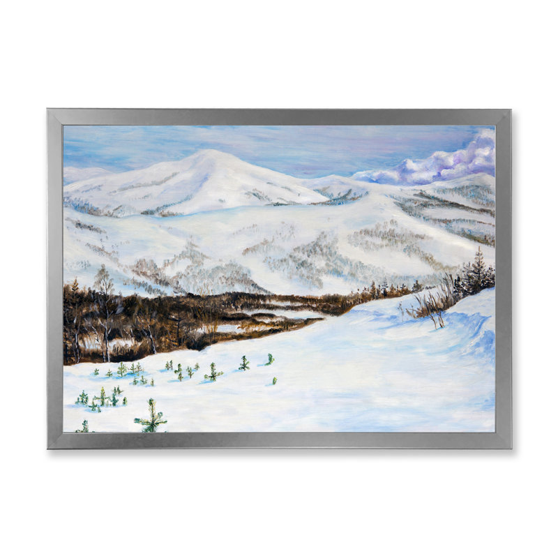 Paysage d'hiver avec des montagnes enneigées - Peinture sur toile, H 24 po x l 32 po x P 1 po, Encadrement argenté