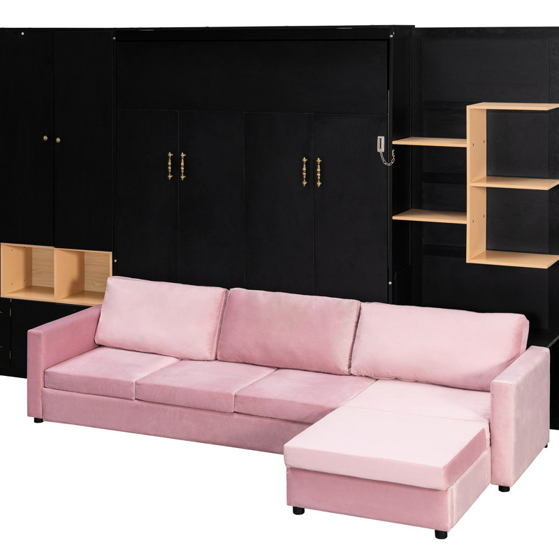 Grand lit intelligent avec tablettes intégrées, ouvertes et doubles lumières, noir et rose pour les bureaux à domicile, conception murale peu encombrante, grand