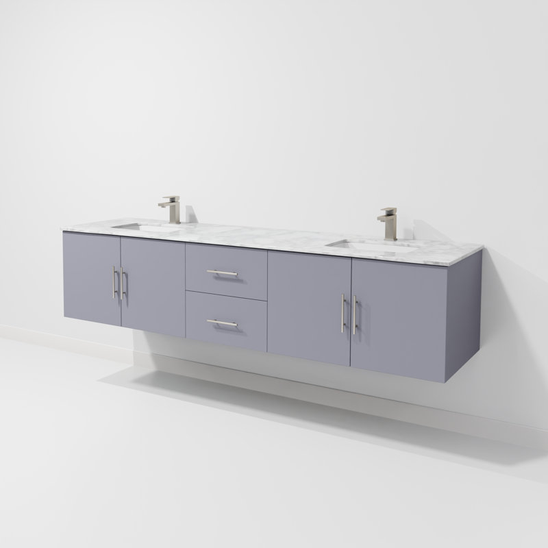 Ensemble de meuble-lavabo double mural 80 "Geneva, Gris foncé, Marbre de Carrare blanc
