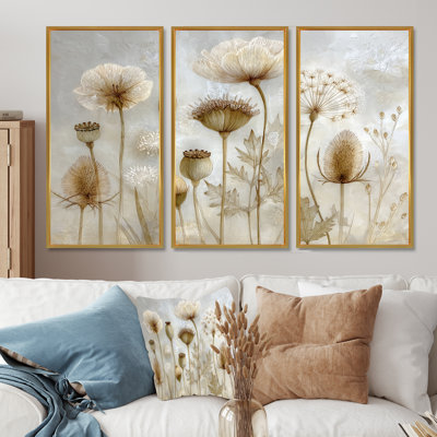 «Morning Sunrise Rays Over Dried Flower Meadows» - ensemble de grandes reproductions d'art mural fleurs sauvages