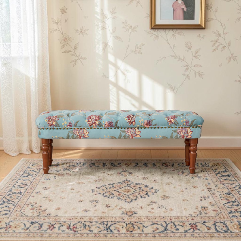 47" W Tufted Upholstered Bench With Floral Pattern