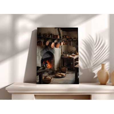 Art rustique sur toile de cuisine - décor de ferme médiévale, scène de foyer confortable avec pots en cuivre, art mural primitif Cottagecore pour la salle à manger