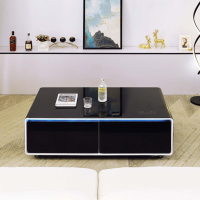 Réfrigérateur Smart Table, table basse multifonctionnelle, plateau de table et rangement arrière en verre trempé
