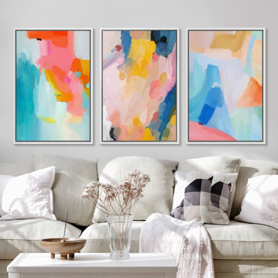 Vibrant Multicolor Paint Stroke Shapes Abstract Colorful Decor Framed On Canvas 3 Pieces Print