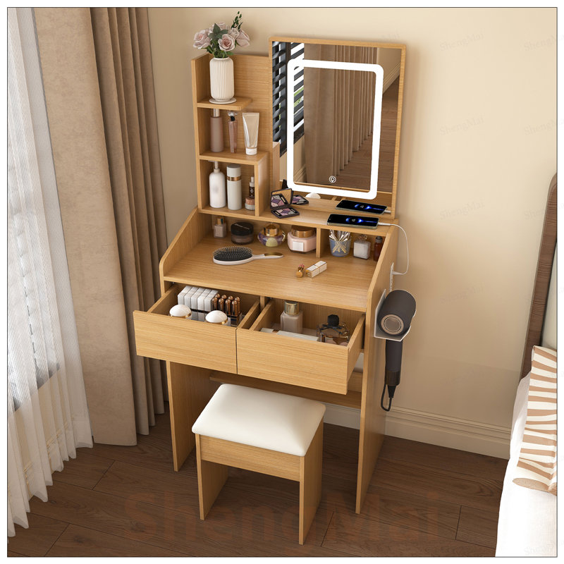 Table de coiffeuse compacte avec miroir lumineux à DEL, prise de courant, support pour sèche-cheveux et tabouret pour les petites chambres