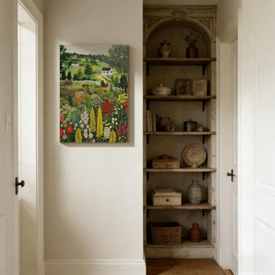 16" X 24" Green Country Garden Scenery Landscape Folk Art Canvas Solid Wood Frame Support Wall Art