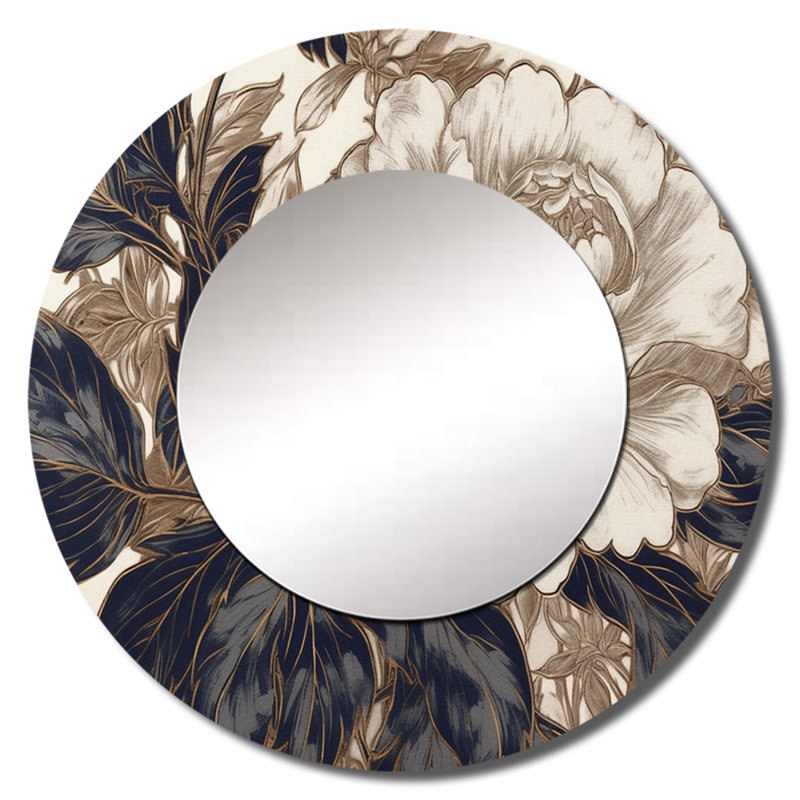 Pressie Gold Blue Carnation Flower IV - Carnations Decorative Mirror, Traditional Round Wall Mirror, Printed Metal Art
