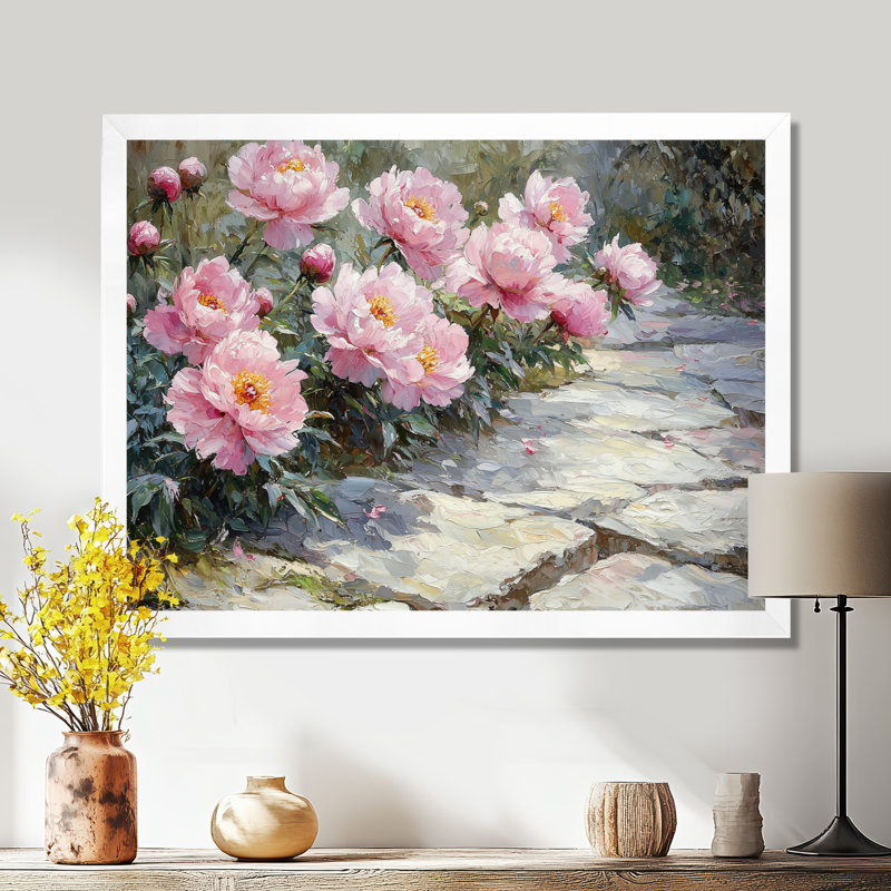 Art de mur de pivoines sur le chemin du jardin II, H 34 po x l 44 po, Reproduction encadrée d'une seule photo, Blanc
