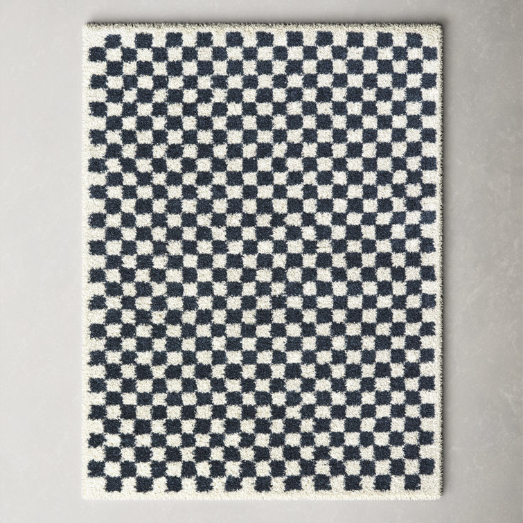 Walker Checkered Navy Blue/White Shag Area Rug