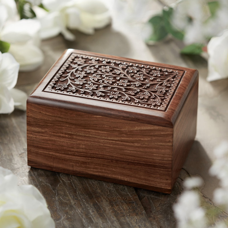 Medium Polished Rosewood Hand-Carved Floral Storage Box