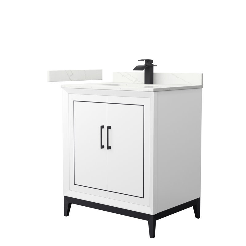 Meuble-lavabo sur pied simple 30 po avec plateau en quartz Marlena, Quartz Giotto, Vert, Bronze satiné