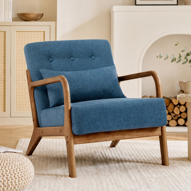 Walthill 63 cm Modern Scandinavian Solid Wood Armchair, Blue, Linen Blend