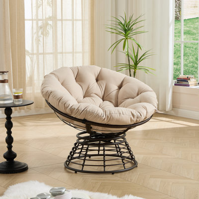 Fauteuil Papasan ergonomique et confortable, fauteuil pivotant à 360 ° pour l'intérieur et l'extérieur avec coussin épais et doux, idéal pour le salon, la chambre à coucher, la salle de lecture, structure brune avec coussin beige