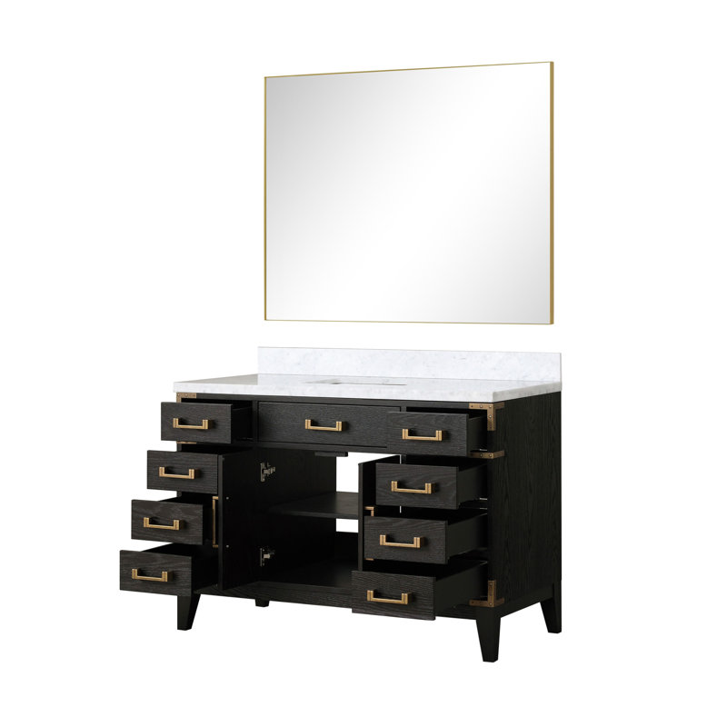 Meuble-lavabo simple en chêne noir 48 po X P 22 po D, plateau en marbre de Carrare et Miroir