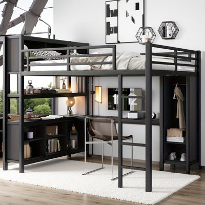 Queen Size Metal Loft Bed With Wardrobe, L-shaped Desk, And Storage Shelves – Space-saving Heavy Duty Loft Bed For Adults