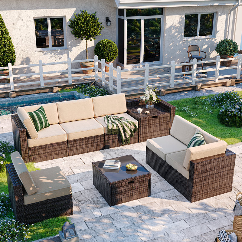 8-person  Patio Conversation Set With Hidden Storage And Coffee Table ,outdoor Seating Group, Beige, Brown