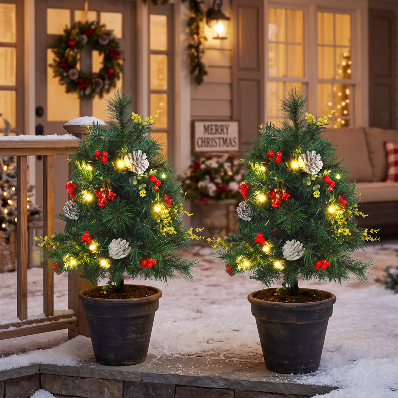 Ensemble de 2 sapins de Noël artificiels 24 po préinstallés sans cordon avec 24 lumières et piquets blanc chaud